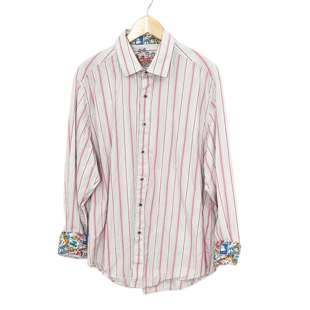 ROBERT GRAHAM Button Down Shirt Gray/Pink Striped With Graphic Cuffs Size 2XL